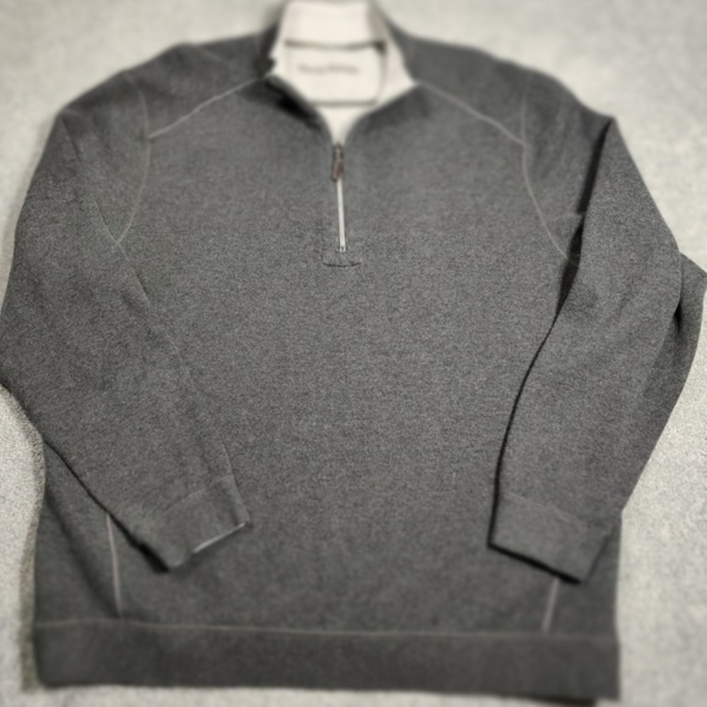 Tommy Bahama Mens Gray 1/4 Zip Long Sleeve Pullover Sweater Cotton Size XL